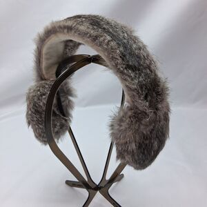 Vintage Genuine Rabbit Fur Earmuffs | Grey White Soft Halo Headband Ear Warmers